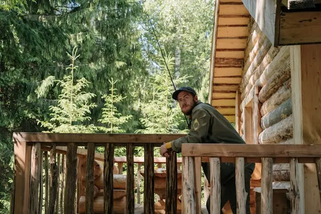 hombre en terraza de madera