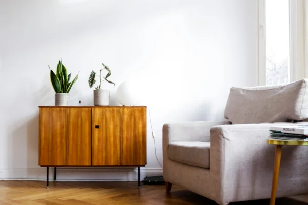 Living con muebles y piso de madera